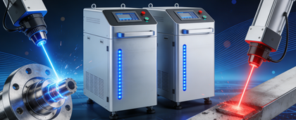 Fiber laser welding and cleaning machines with high-performance fiber laser source for metal processing.